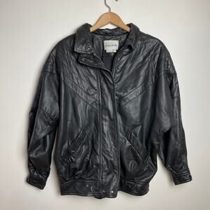 Vinate 80s 90s Black Leather Bomber Jacket XL Minimalist Relaxed Oversized Retro